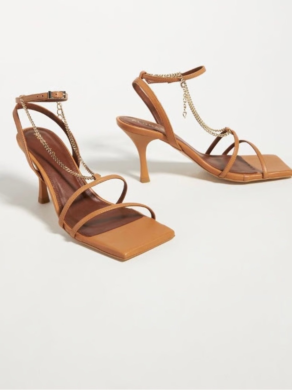 Alohas Strappy Chain Heels Sandals Camel Brown Square Toe Party Going Out
